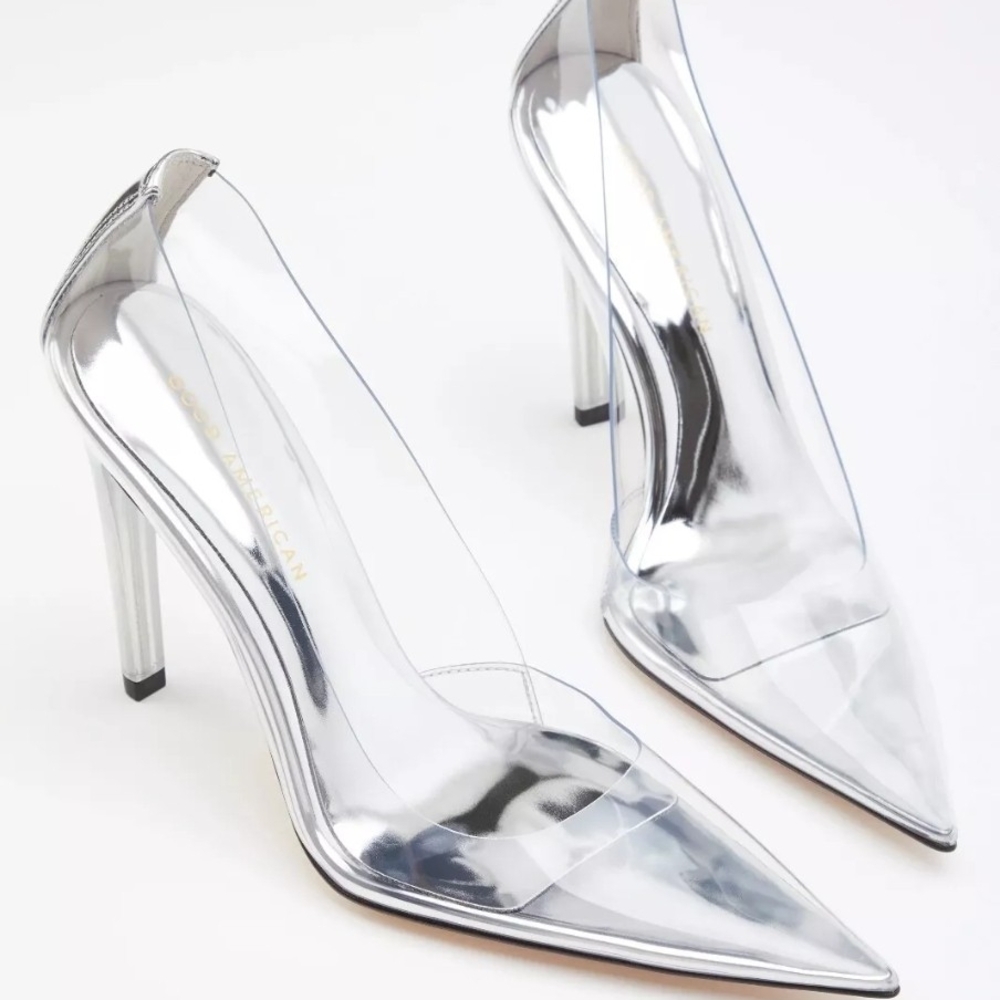 Good American Silver Heels with Transparent Upper and Pointed Toe